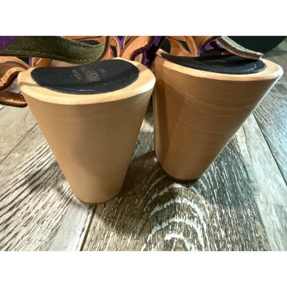Swedish Hasbeens 50s Suede Combo Sandal With Wooden Heel Size 38 Adjustable Stra - Picture 7 of 8